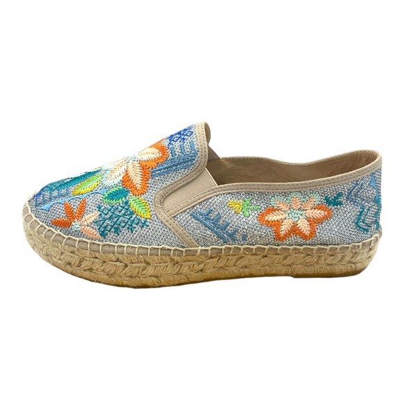 Johnny Was Silver Metallic Floral Embroidered Elysia Espadrilles Size 41 - Picture 5 of 10